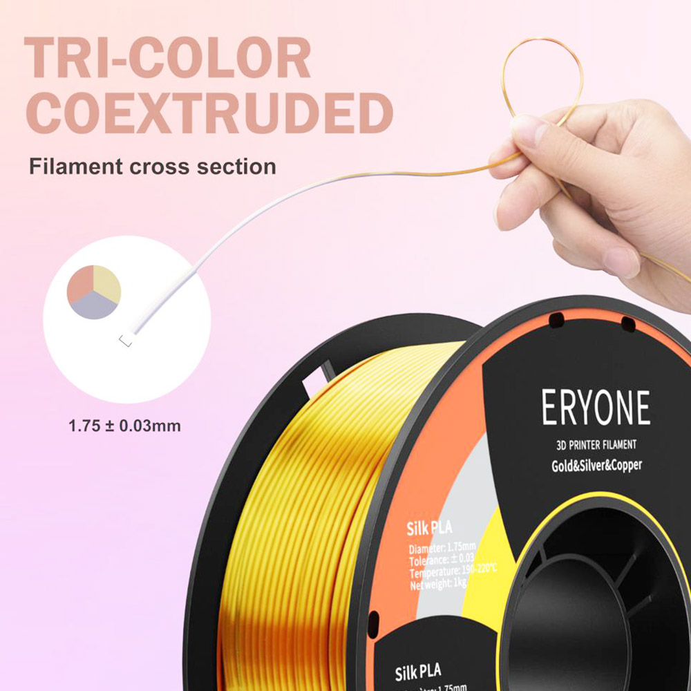 Eryone triple color plasum que brida para impresoras 3D, precisión 1.75 mm +/- 0.03 mm, 1 kg (2.2 lb)/bobina - oro + cobre + cobre