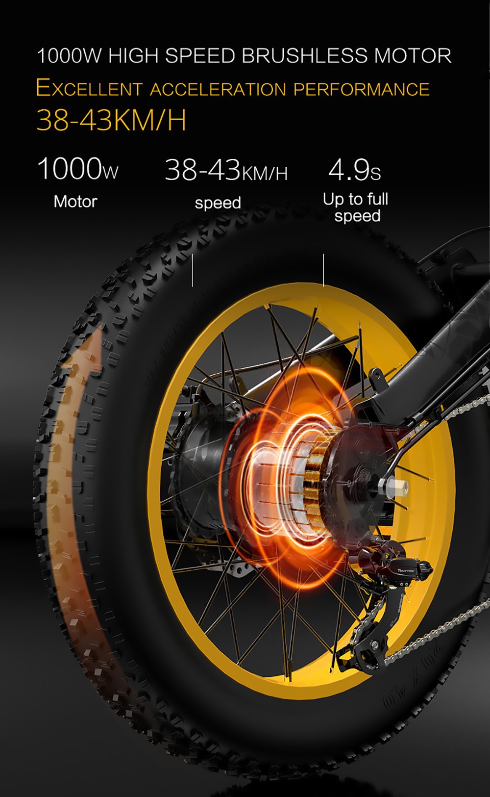 LANKELEISI X3000 Plus Vélo Électrique 20 Pouces 1000W 43Km/h 17.5AH Jaune