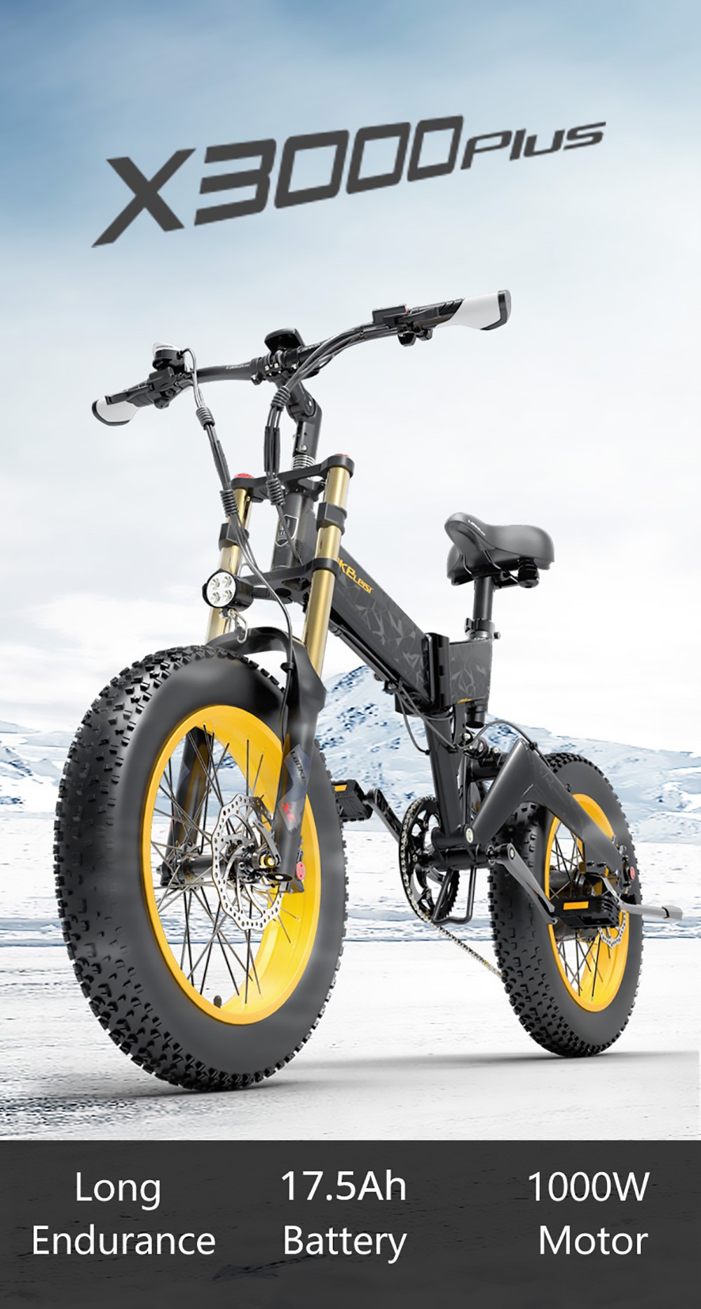 Bicicleta electrica LANKELEISI X3000 Plus 20 inch 1000W 43Km/h 17.5AH - Gri