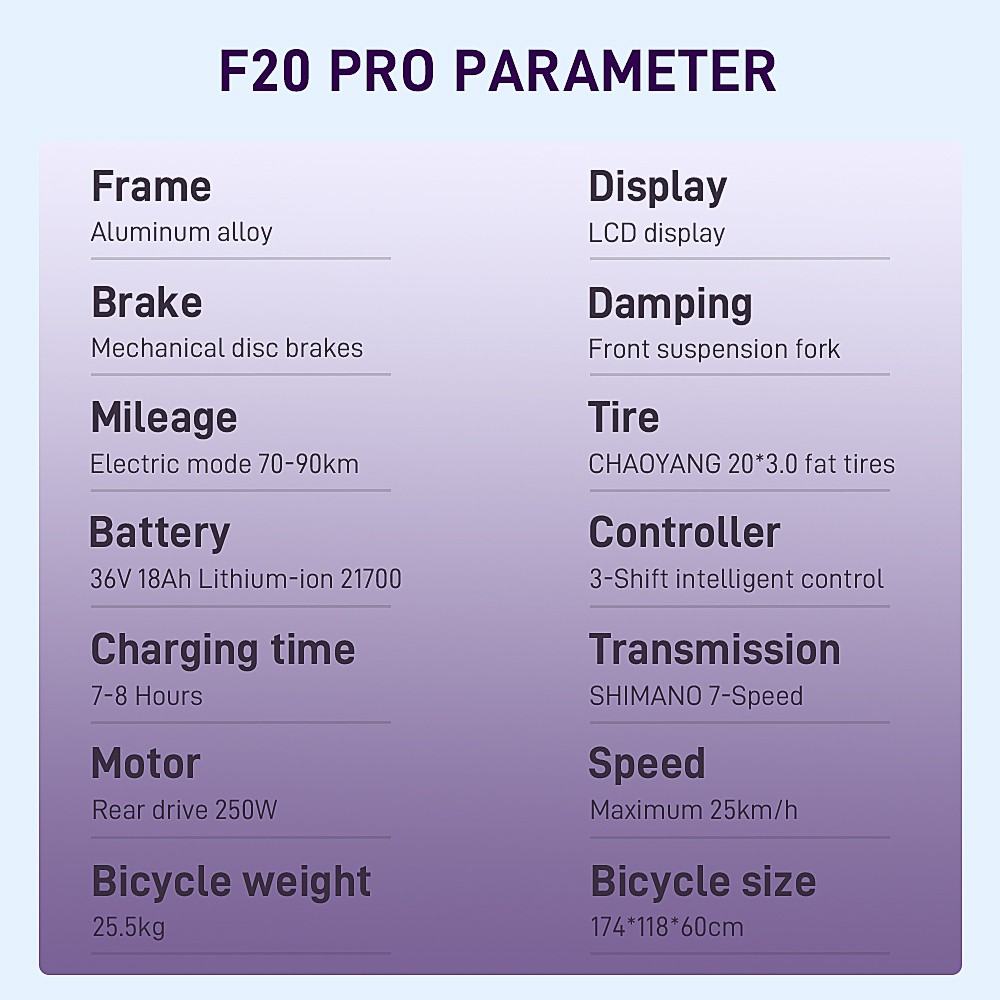 Vélo électrique FA FREES F20 Pro 20 * 3.0 pouces Fat Tire 250W Moteur sans balais 25Km / h Vitesse maximale 7 vitesses avec batterie au lithium amovible 36V 18AH 150KM Max Range Double Frein à disque Cadre pliant E-bike - Bleu profond