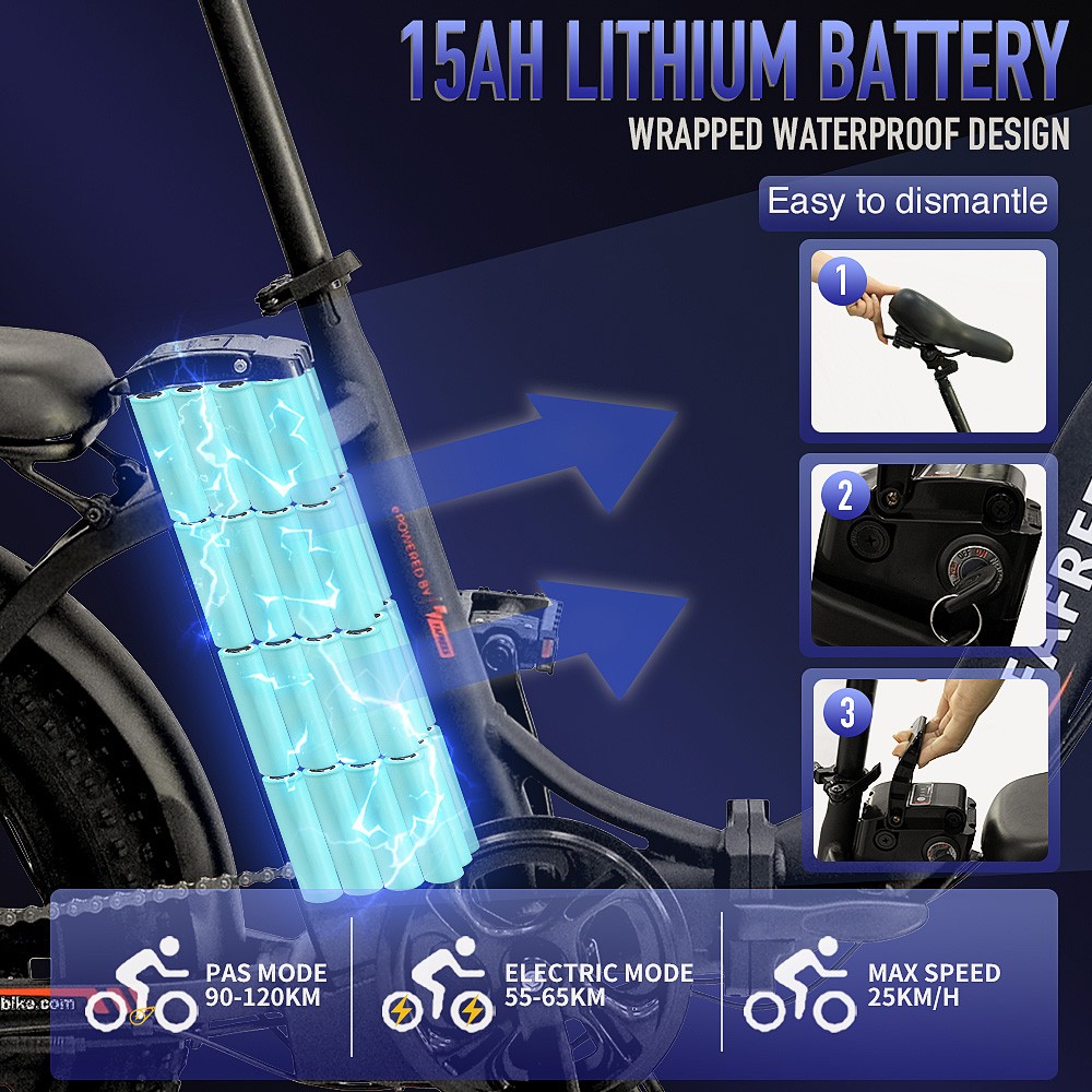 Bicicleta elétrica FAFREES F20 quadro dobrável de 20 polegadas E-bike engrenagens de 7 velocidades com bateria de lítio removível 15AH - preta