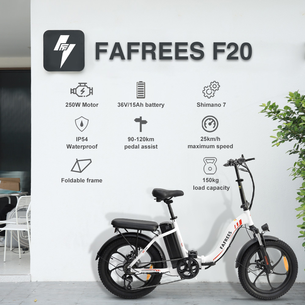 FAFREES F20 Bicicleta eléctrica Marco plegable de 20 pulgadas E-bike Engranajes de 7 velocidades con batería de litio extraíble 15AH - Blanco