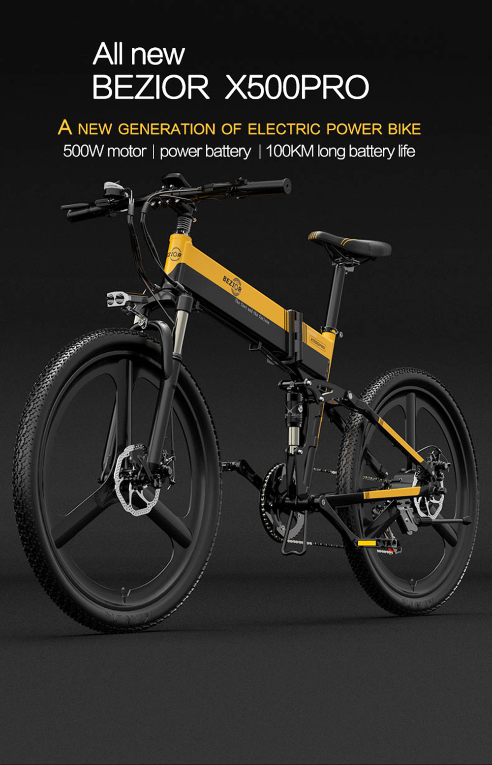 BEZIOR X500PRO Πτυσσόμενο ηλεκτρικό ποδήλατο βουνού 500W 30Km/h Μαύρο Κίτρινο