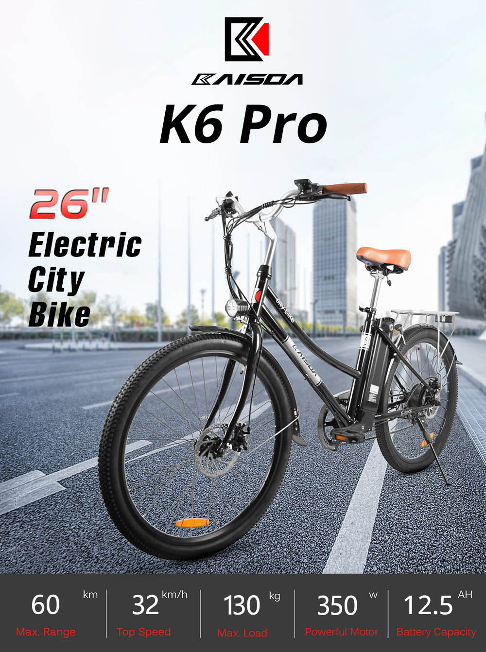 Bicicleta Elétrica 26in KAISDA K6 Pro 36V 12,4Ah 350W 32Km/h Preto