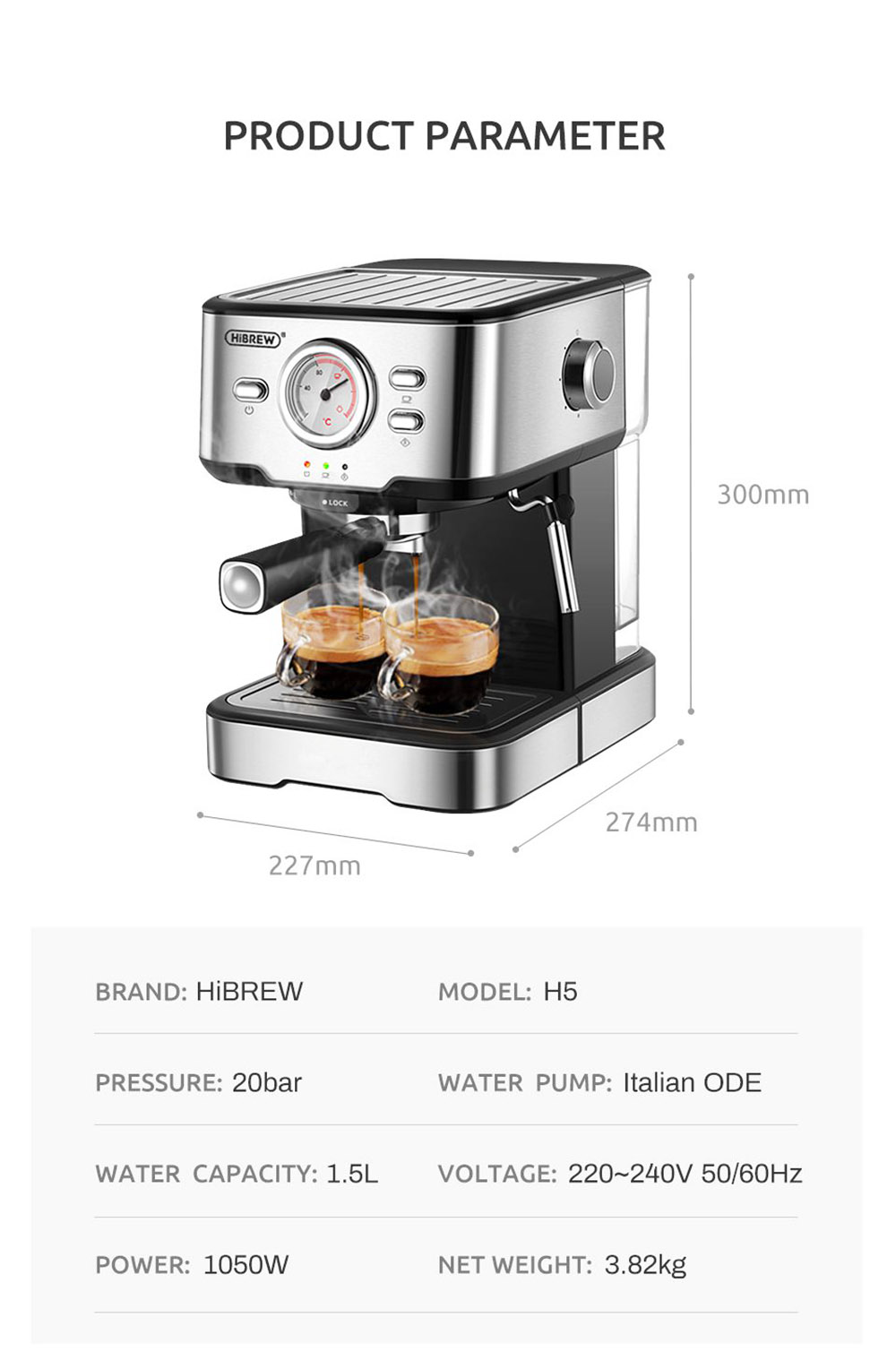 Cafetera HiBREW H5 1050W con taza para café con leche