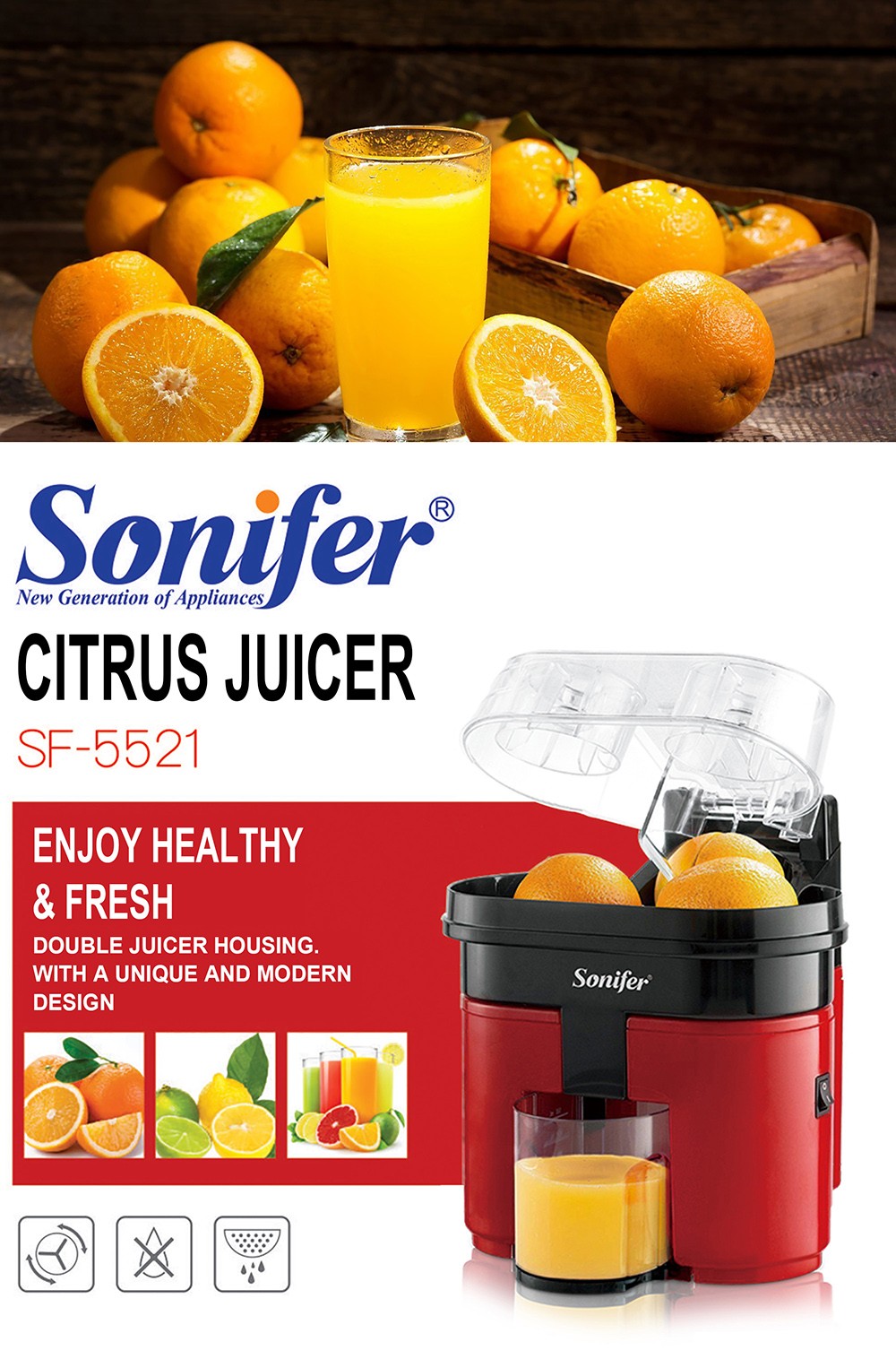 Sonifer SF5521 90W Presse-agrumes électrique, trancheuse de couvercle, presse-agrumes à double cône, presse-fruits orange citron
