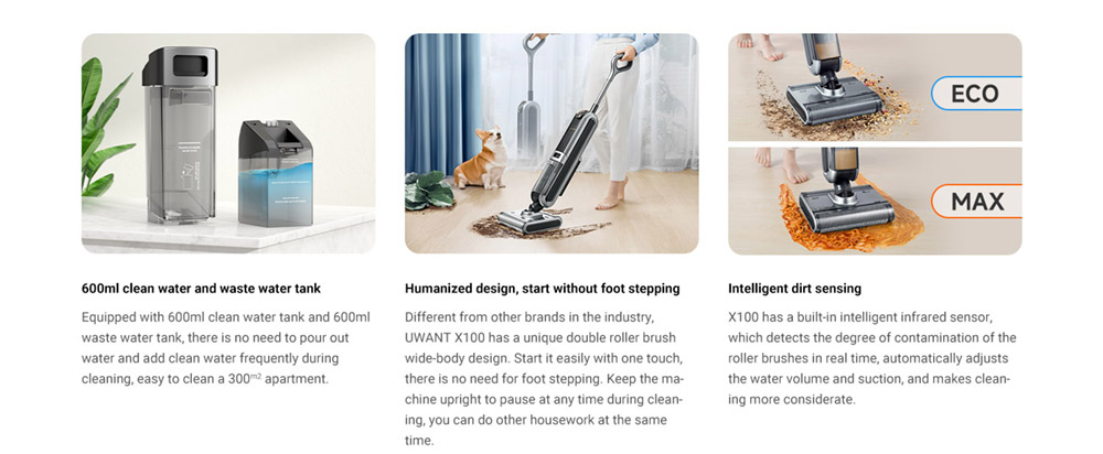 Uwant X100 Handheld Cordless Wet Dry Vacuum Cleaner, Self-cleaning, Intelligent Dirt Sensing, Dual Roller Brush, 600ml Water Tank, 4000mAh, 50min Run Time