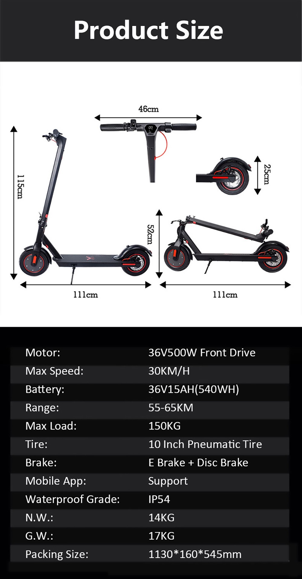 CMSBIKE V10 Electric Scooter 10'' Air Tires 500W Motor 36V 15Ah Battery Max Speed 30km/h Max Load 120kg - Black
