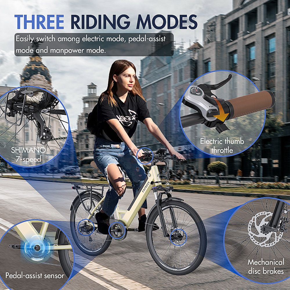 FAFREES F26 Pro 26'' Step-through City E-Bike 25 Km/h 250W Motor 36V 10Ah Embedded Removable Battery, Shimano 7 Speed - Golden