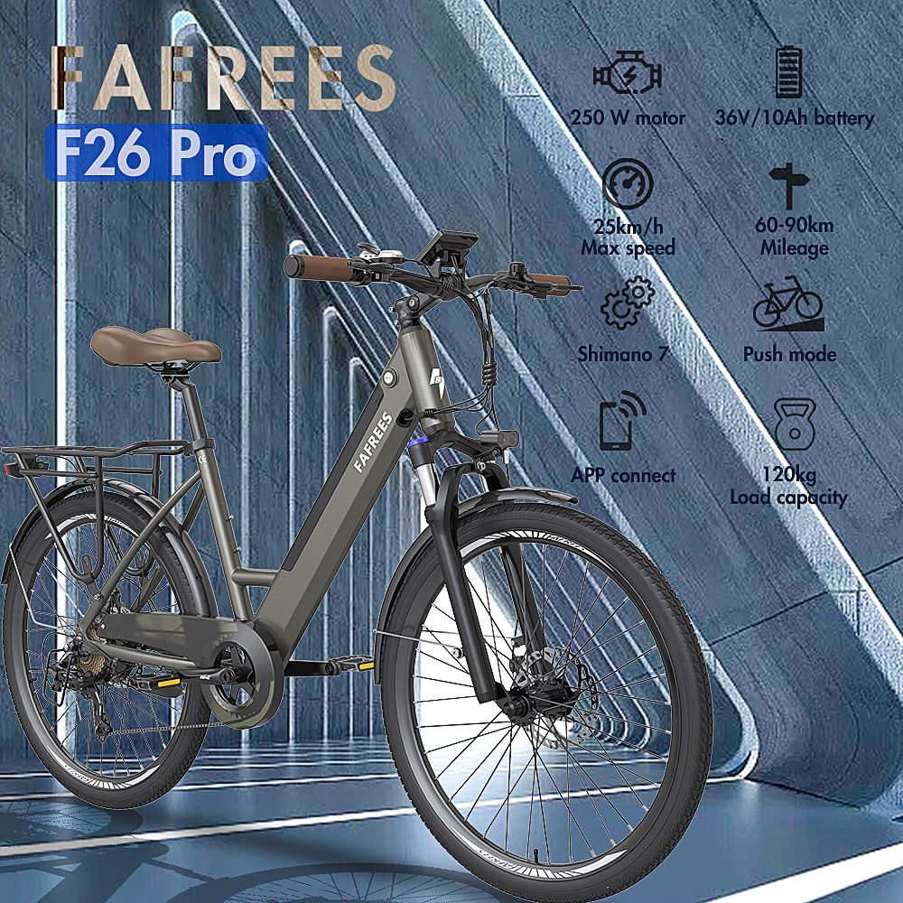 FAFREES F26 Pro 26'' Step-through City E-Bike 25 Km/h 250W Motor 36V 10Ah Embedded Removable Battery, Shimano 7 Speed - Green