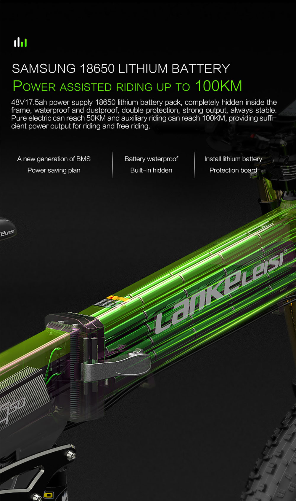LANKELEISI T750 Plus Big Fork Vélo Électrique 17.5Ah Batterie Jaune