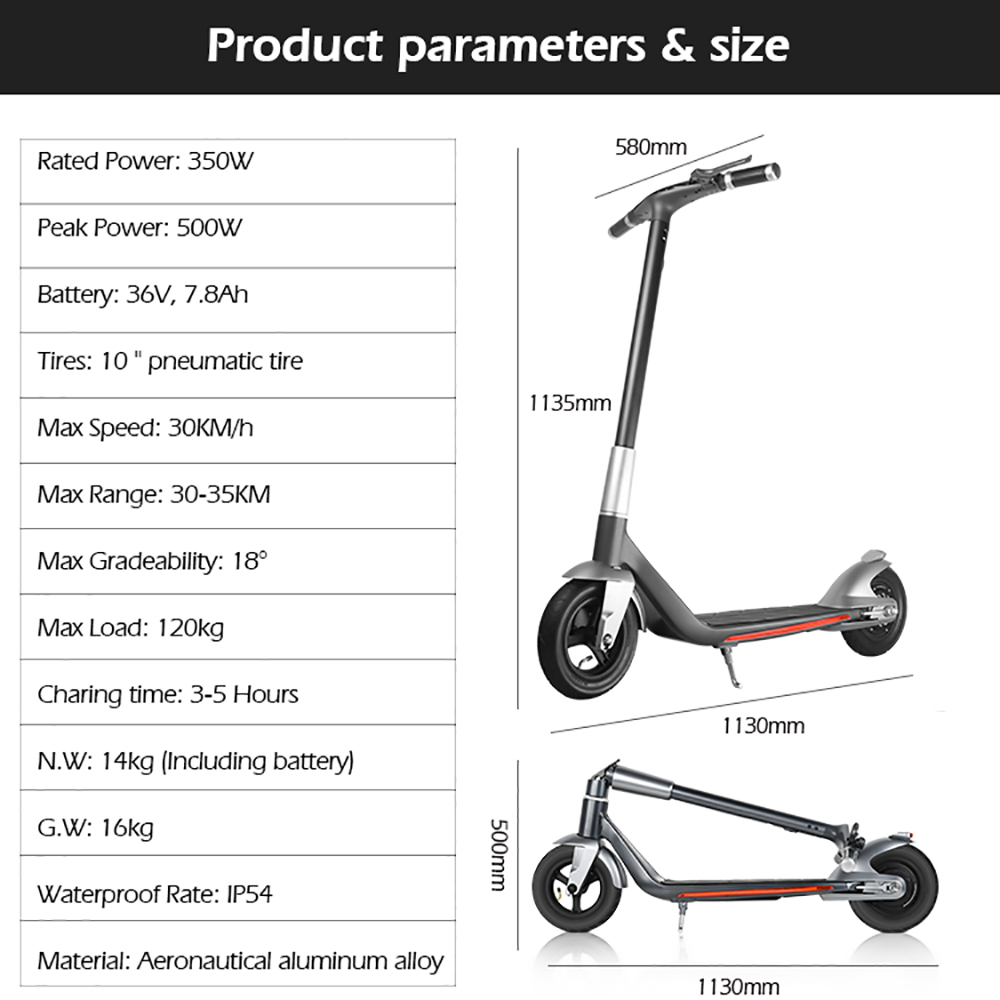 Mankeel Silver Wings Electric Scooter 10'' Tires 7.8Ah Battery 30km Range 120kg Max Load