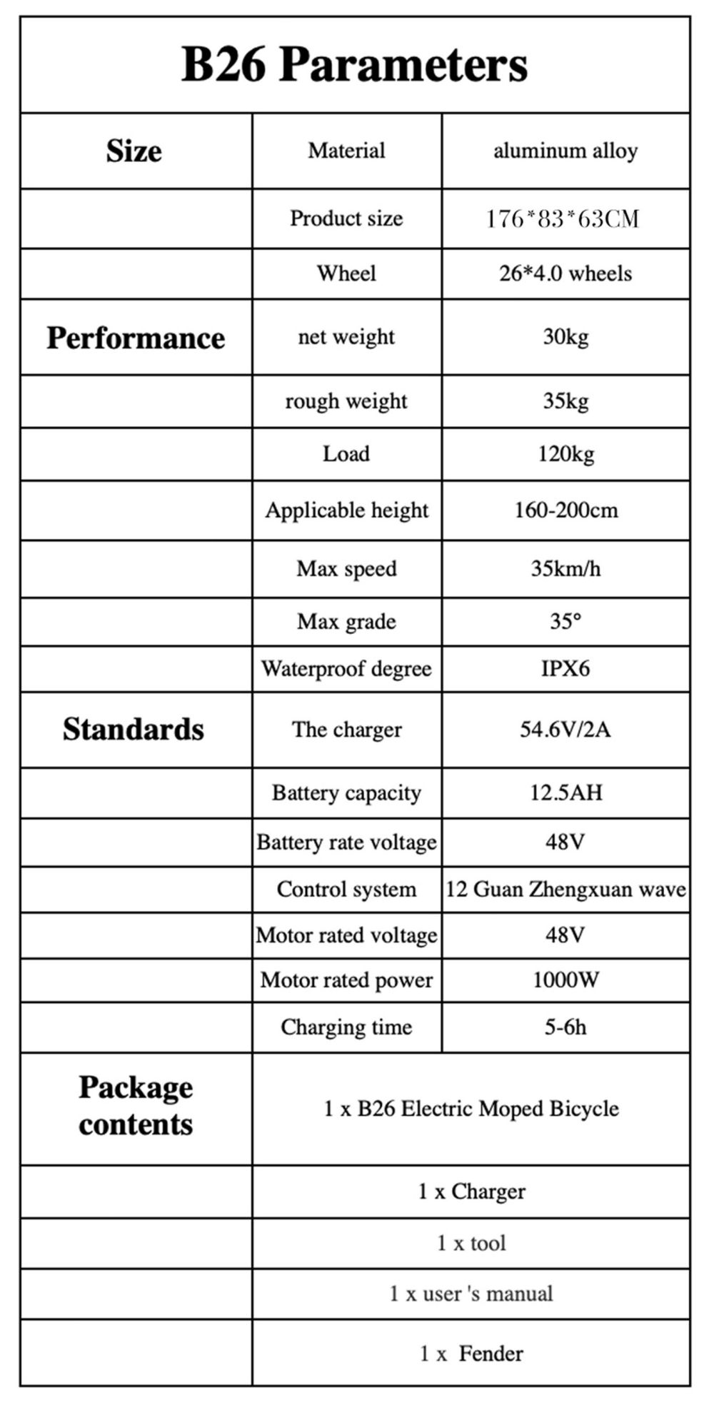 Niubility B26 Elcykel 48V 12,5Ah Batteri 1000W Sort