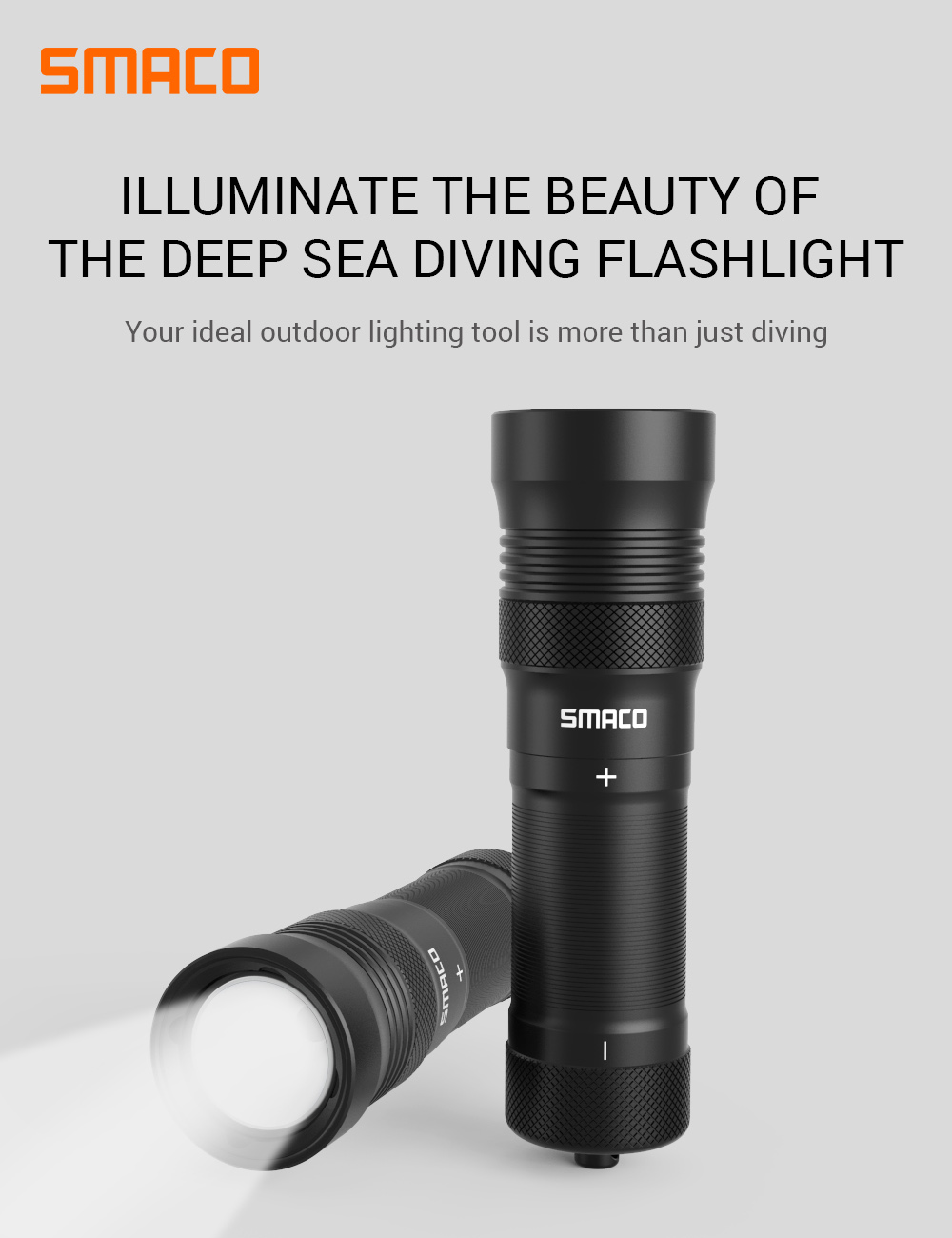 SMACO LED Flashlight IPX8 Waterproof for Diving - Black