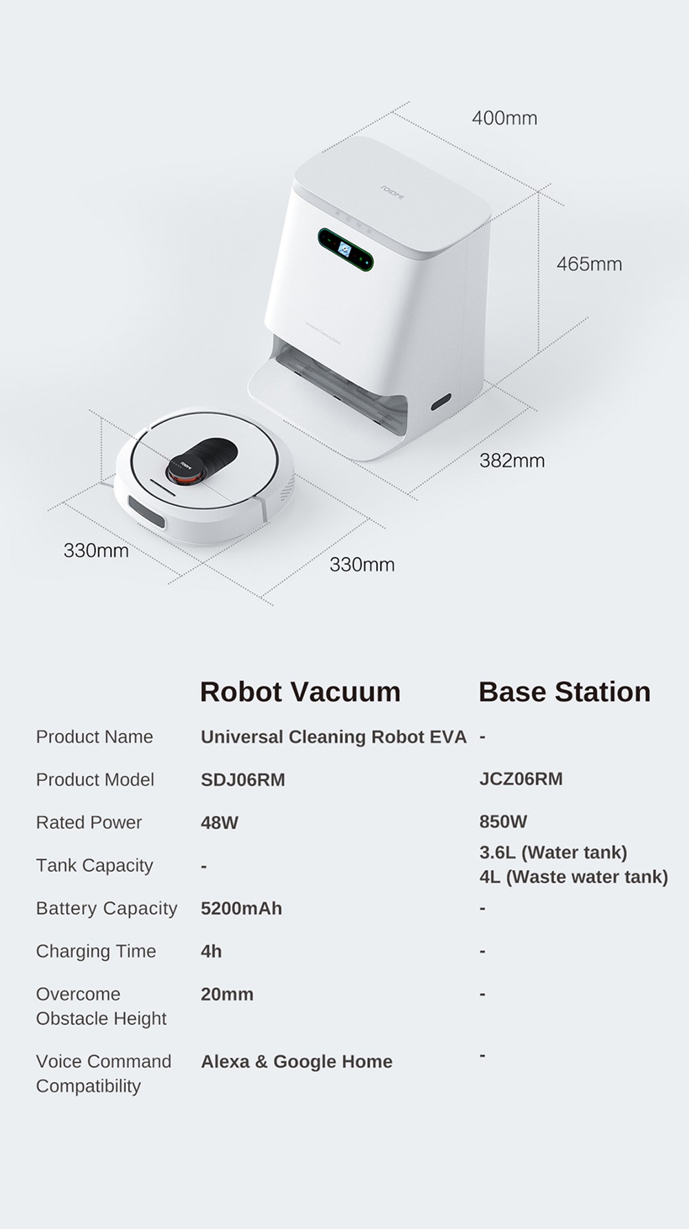 ROIDMI EVA Smart Robot Aspirateur Autonettoyant et Vidange 3200Pa