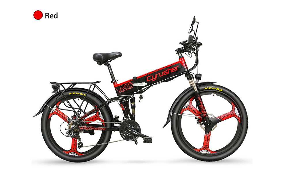 Cyrusher XF770 Folding Electric Bike 500W 48V 10 Ah Hidden Battery 7 Speed Mountain E-bike - White
