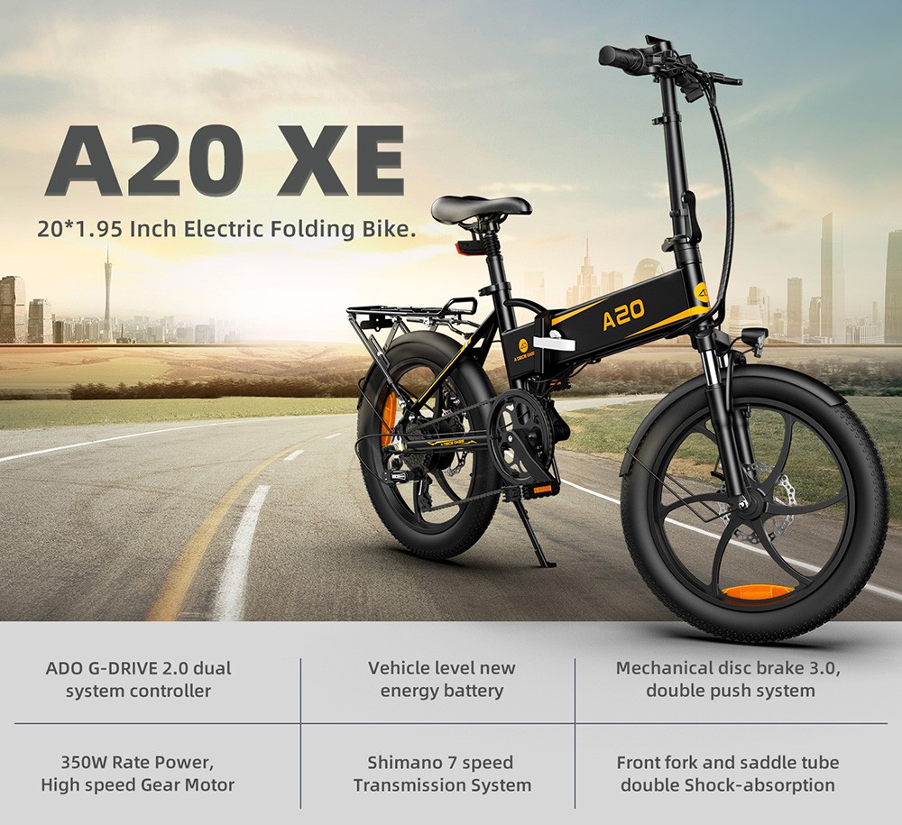 ADO A20 XE 250W Electric Bike Folding Frame 7-Speed Gears Removable 10.4 AH Lithium-Ion Battery E-bike - Black