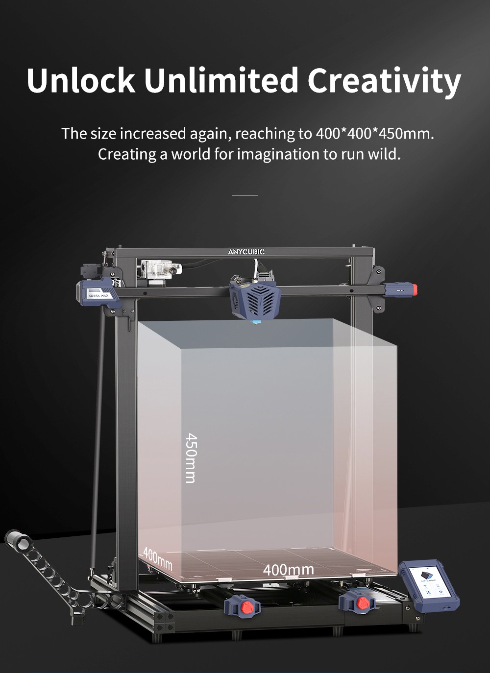 Anycubique Kobra Max 3D Imprimante, mise à niveau automatique, pilotes pas à pas, écran 4.3 pouces, taille d'impression 450x400x400mm