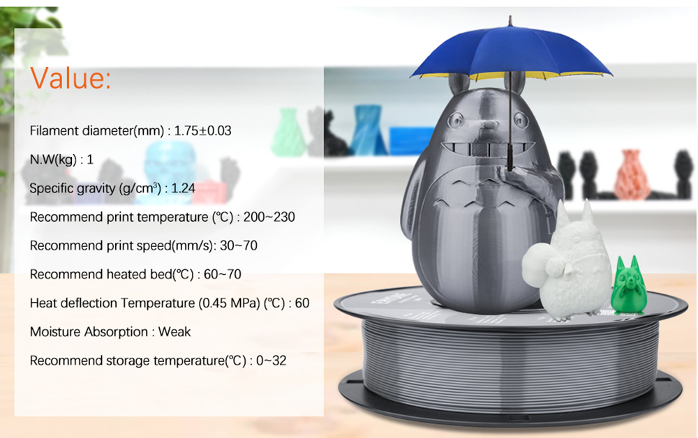 Eryone pla+ filamento para a impressora 3D 1,75 mm de tolerância 0,03mm1kg (2,2 libras)/bobina - preto