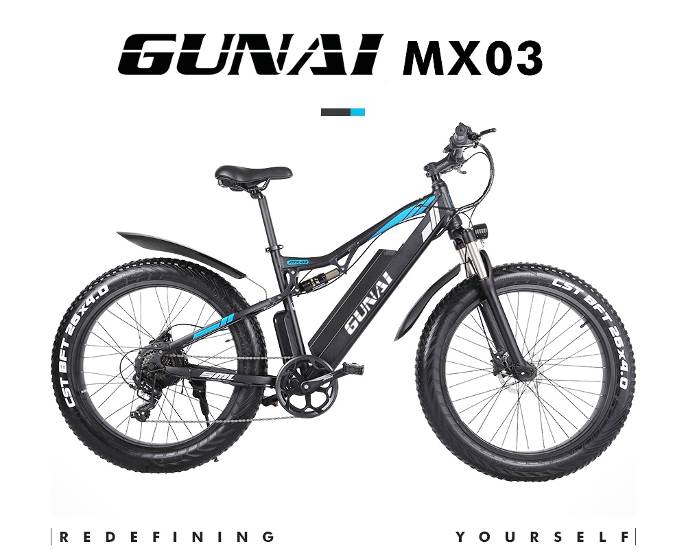 GUNAI MX03 1000W 48V 17Ah 26 Polegadas 40Km/h Bicicleta Elétrica Preta