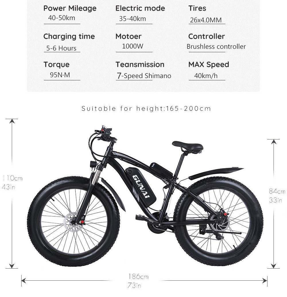 GUNAI MX02S 1000W Motor 48V 17Ah 40Km/h Snelheid 26'' Elektrische fiets Zwart
