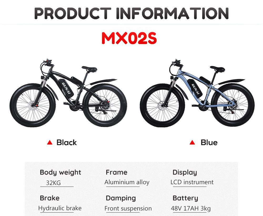 GUNAI MX02S 1000W Motor 48V 17Ah 40Km/h Velocidad 26'' Bicicleta eléctrica Negra