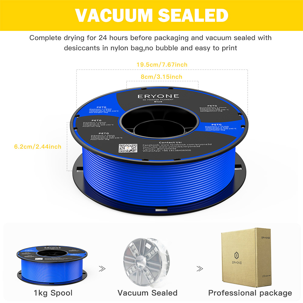 Eryone PETG -filament voor 3D -printer 1,75 mmtolerantie 0,03 mm 1 kg (2.2lbs)/bool - blauw