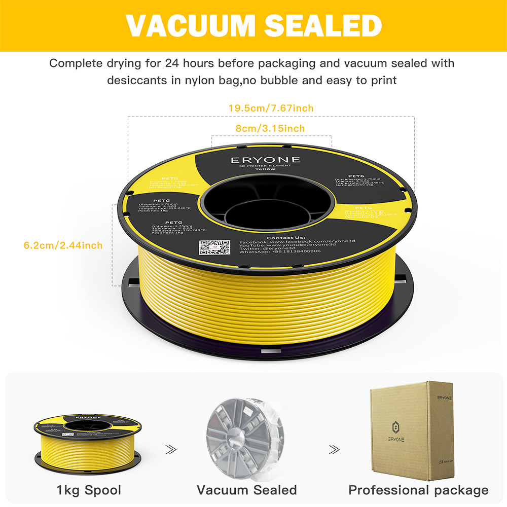 Eryone Petg Filament for 3D printer 1.75mm tolerance 0.03mm 1kg (2.2lbs)/coil - Yellow