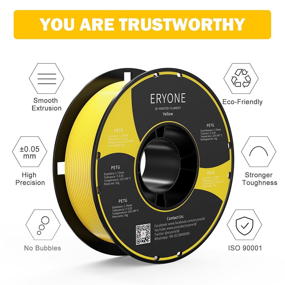 ERYONE PETG Filamento para a impressora 3D 1,75 mm de tolerância 0,03 mm 1kg (2,2 libras)/bobina - amarelo