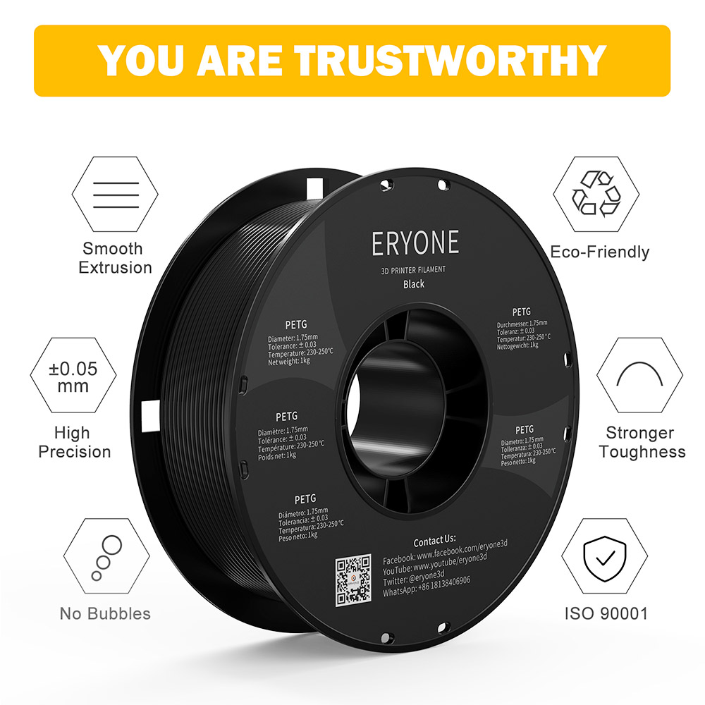 ERYONE PETG Filamento para a impressora 3D 1,75 mm de tolerância 0,03 mm 1kg (2,2 libras)/bobine - preto