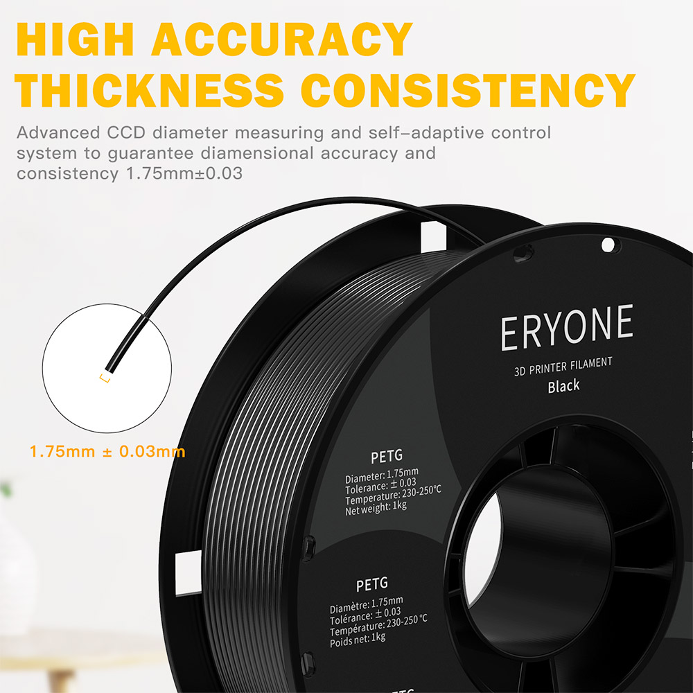 ERYONE PETG Filamento para a impressora 3D 1,75 mm de tolerância 0,03 mm 1kg (2,2 libras)/bobine - preto