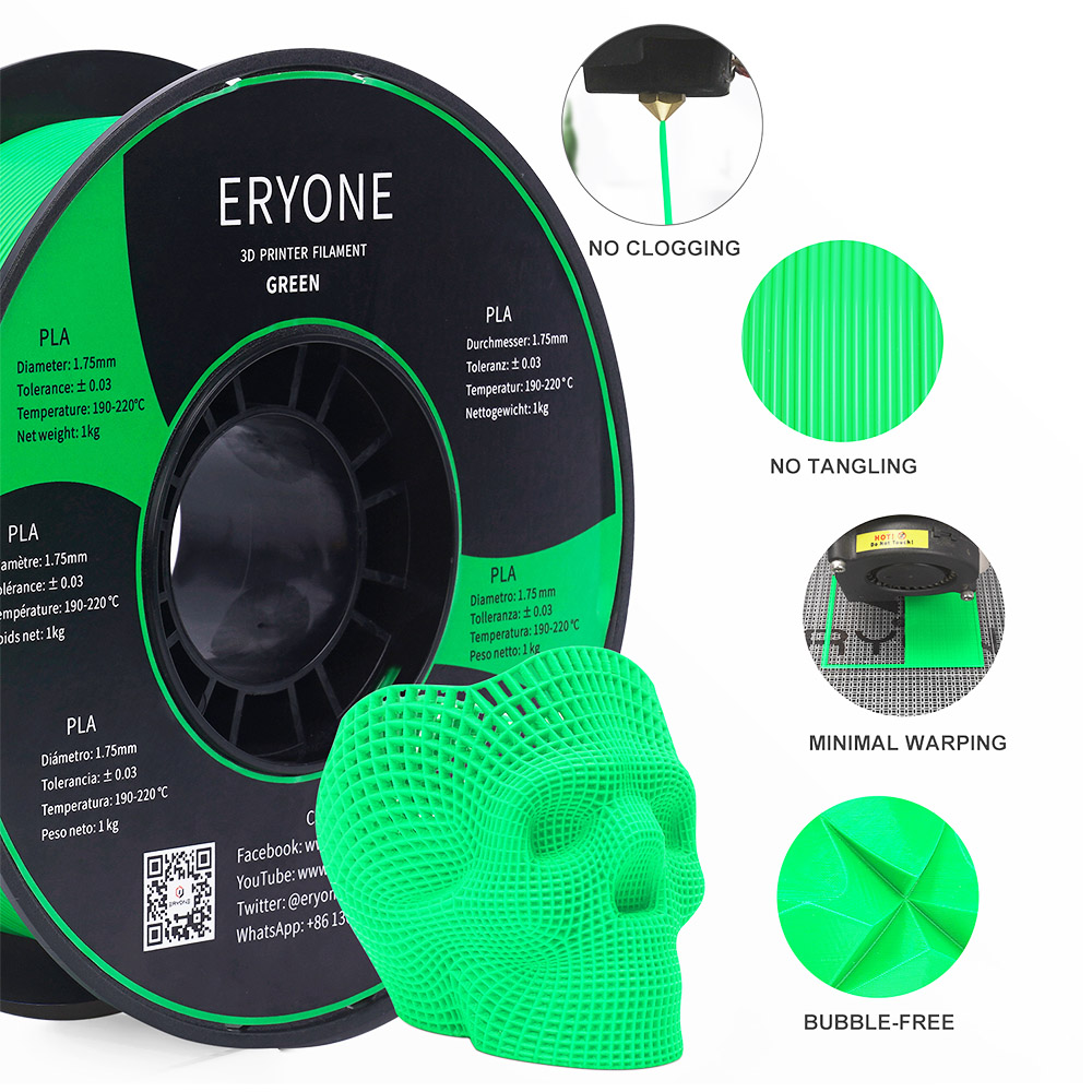 Filament ERYONE PLA pour 3D Imprimante 1.75mm Tolérance 0.03mm 1kg (2.2LBS)/Spool - Vert