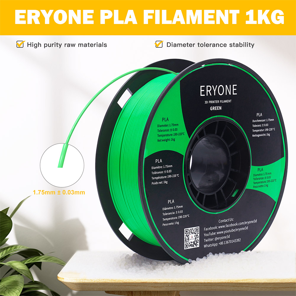 ERYONE PLA Filament für 3D Drucker 1.75 mm Toleranz 0.03 mm 1 kg (2.2 LBS)/Spule – Grün