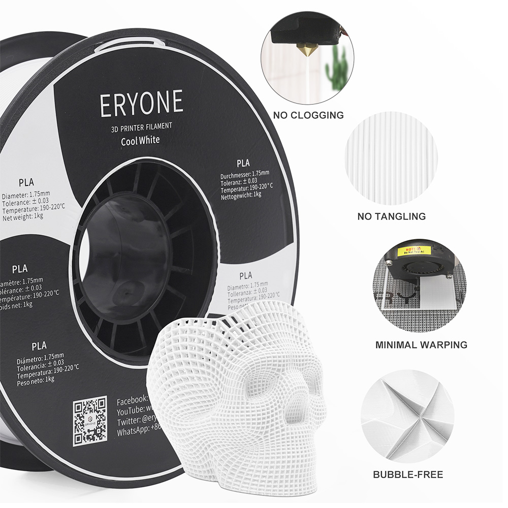 ERYONE PLA Filament voor 3D Printer 1.75 mm tolerantie 0.03 mm 1 kg (2.2 lbs)/spoel - koel wit