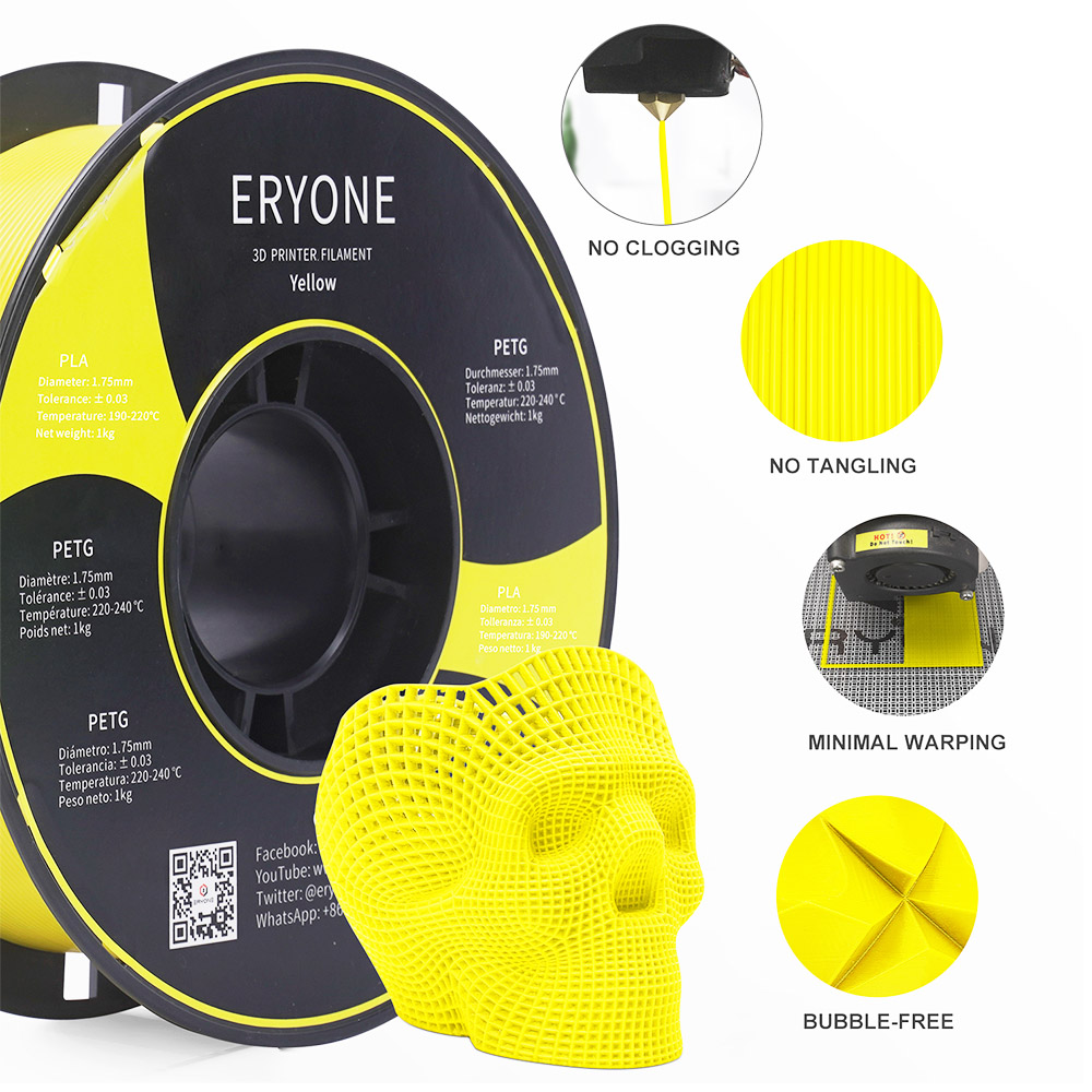 ERYONE PLA Filamento para 3D Impressora 1.75mm Tolerância 0.03mm 1kg (2.2LBS)/Carretel - Amarelo