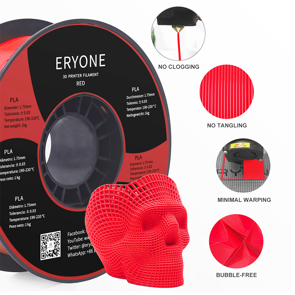 Eryone PLA -filament för 3D -skrivare 1,75 mm tolerans 0,03 mm 1 kg (2,2 kg)/spole - röd