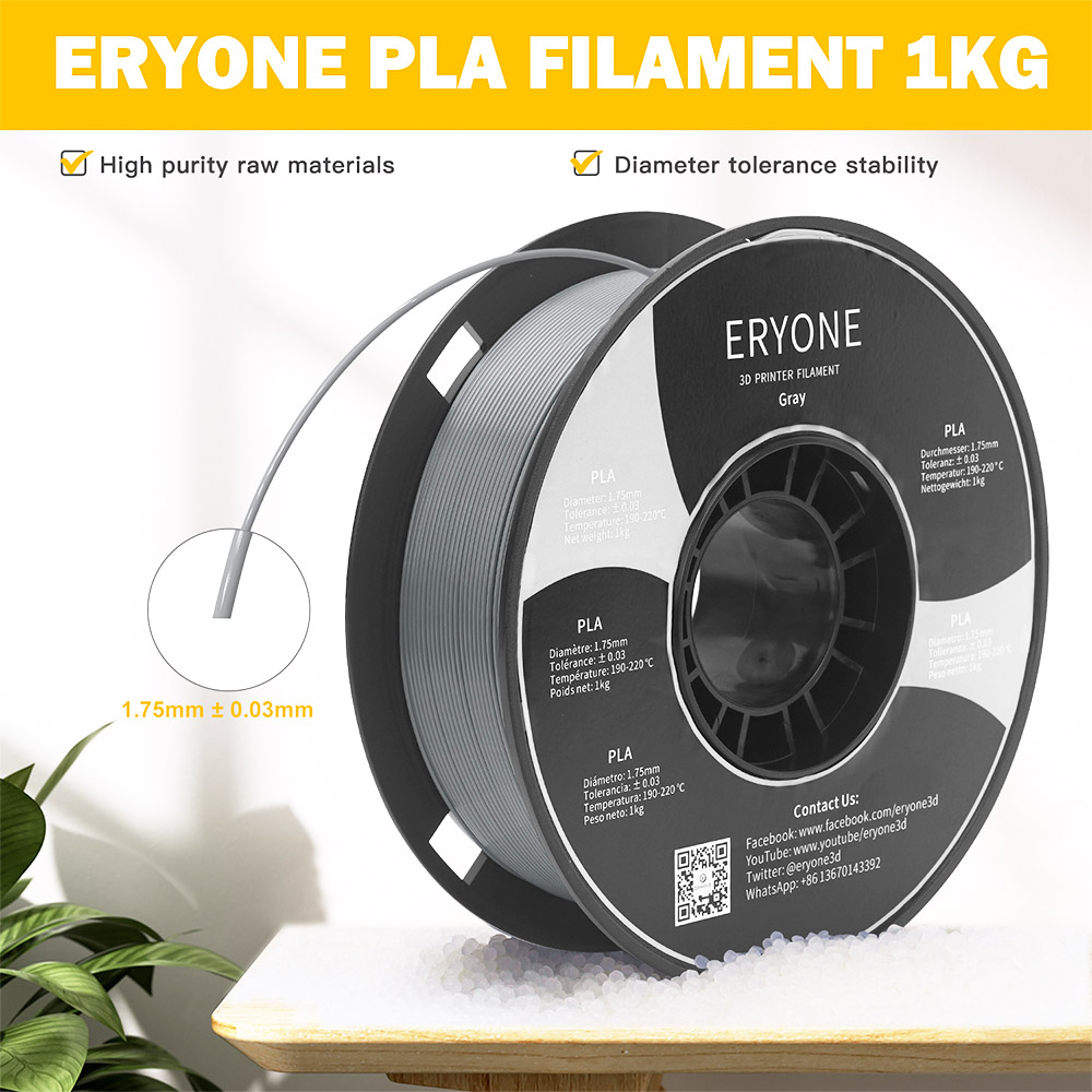 ERYONE PLA Filament voor 3D Printer 1.75 mm tolerantie 0.03 mm 1 kg (2.2 lbs)/spoel - grijs