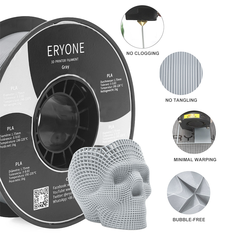 ERYONE PLA Filament für 3D Drucker 1.75 mm Toleranz 0.03 mm 1 kg (2.2 LBS)/Spule – Grau