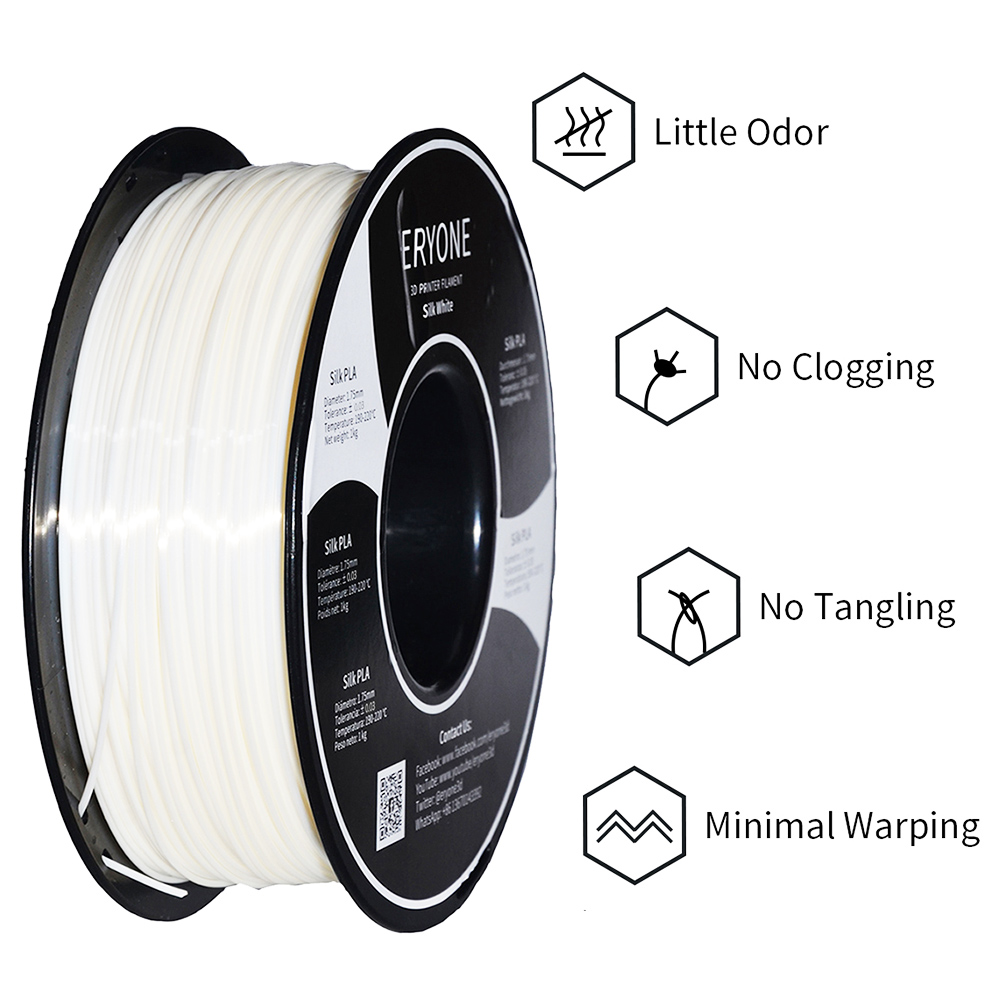 Filamento ERYONE Silk PLA per 3D Stampante 1.75 mm Tolleranza 0.03 mm 1 kg (2.2 libbre)/bobina - Bianco