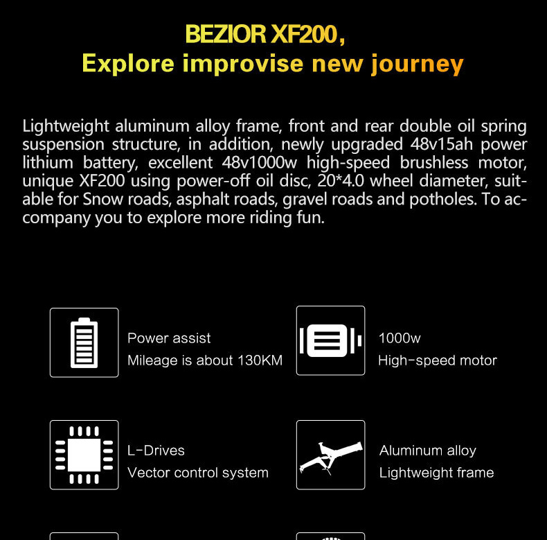 BEZIOR XF200 összecsukható elektromos kerékpár fekete 20x4,0 hüvelykes 15Ah 1000W motor