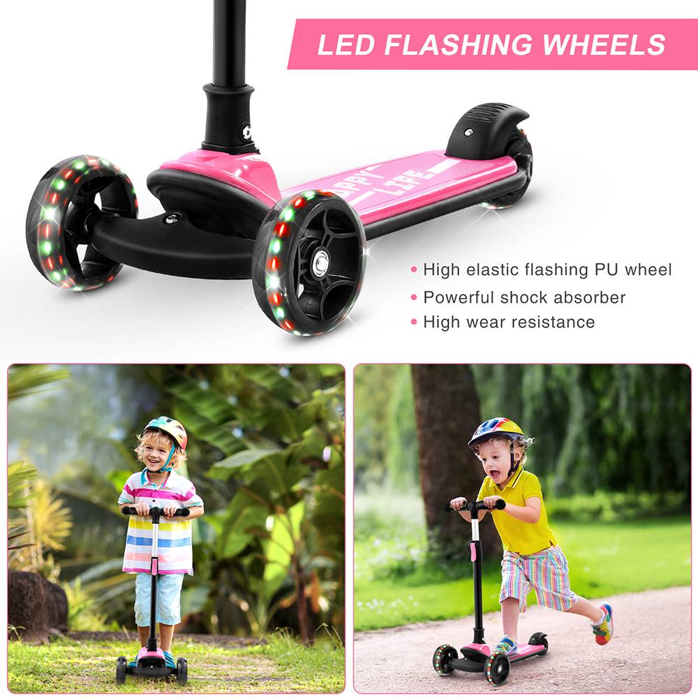 Kick Scooter Glide Scooter with Extra Wide PU Light-Up Wheels and 4 Adjustable Heights for Children from 3-12 Pink