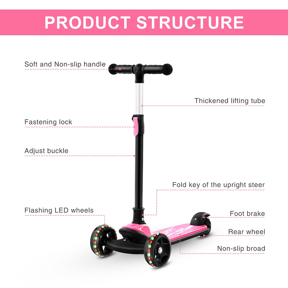 Kick Scooter Glide Scooter with Extra Wide PU Light-Up Wheels and 4 Adjustable Heights for Children from 3-12 Pink