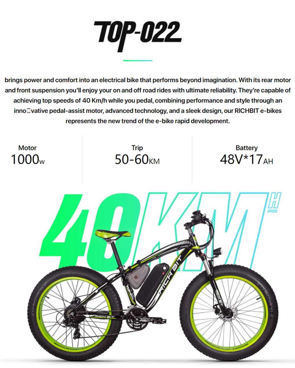 RICH BIT TOP-022 E-Bike 1000W Moteur 17AH 26 Pouces 35Km/h Blanc Orange