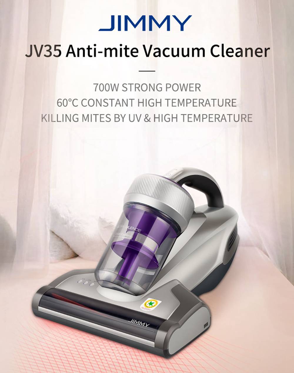 JIMMY JV35 Anti-mite Vacuum Cleaner UV Acaricide 700W Power 14Kpa Strong Suction International Version - Gray