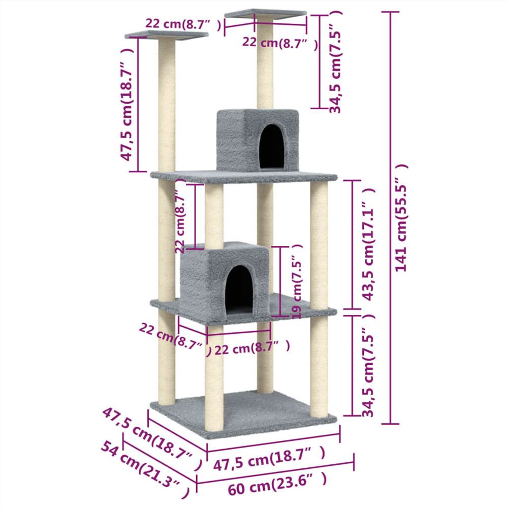 Arborele de pisică cu stâlpi de zgâriere din sisal gri deschis 141 cm