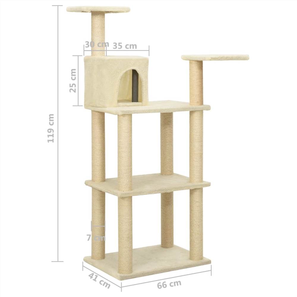 Cat tree with scratching posts in cream sisal 119 cm