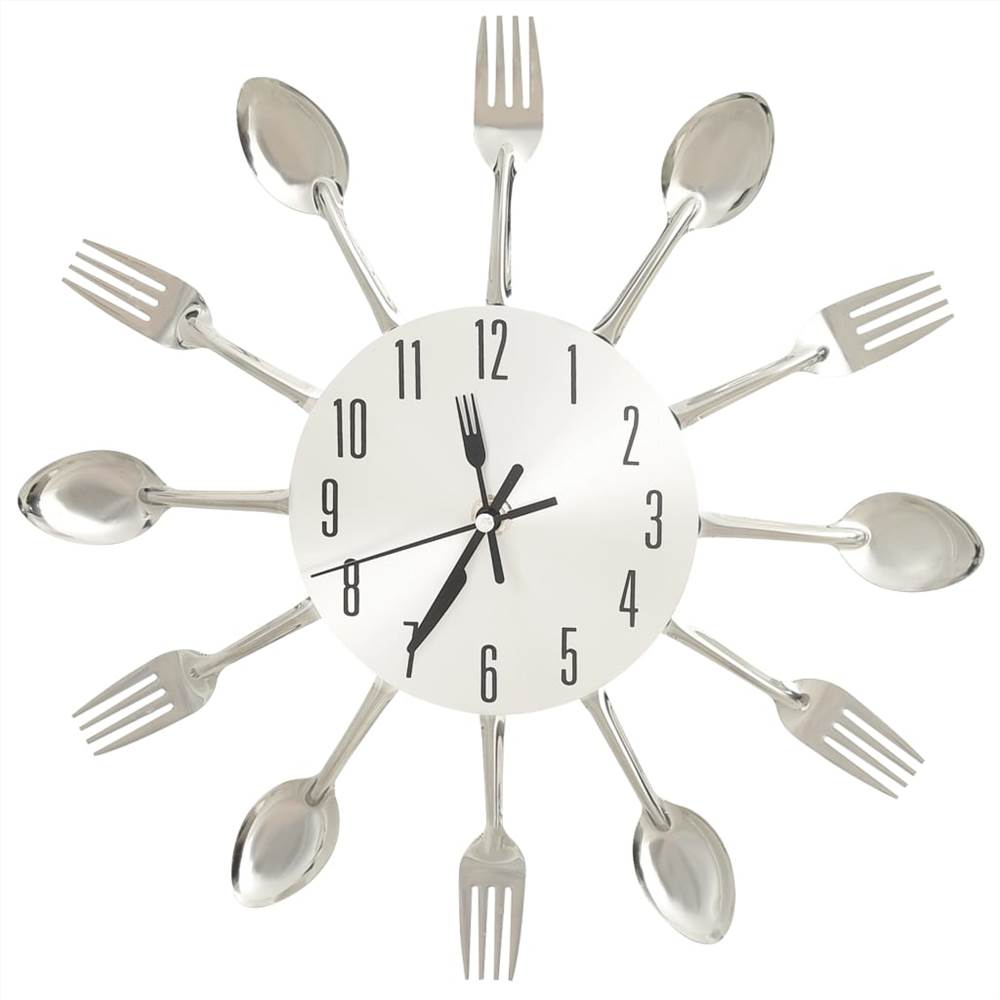 Zegar ścienny z łyżką i widelcem, srebrny, 31 cm, aluminium