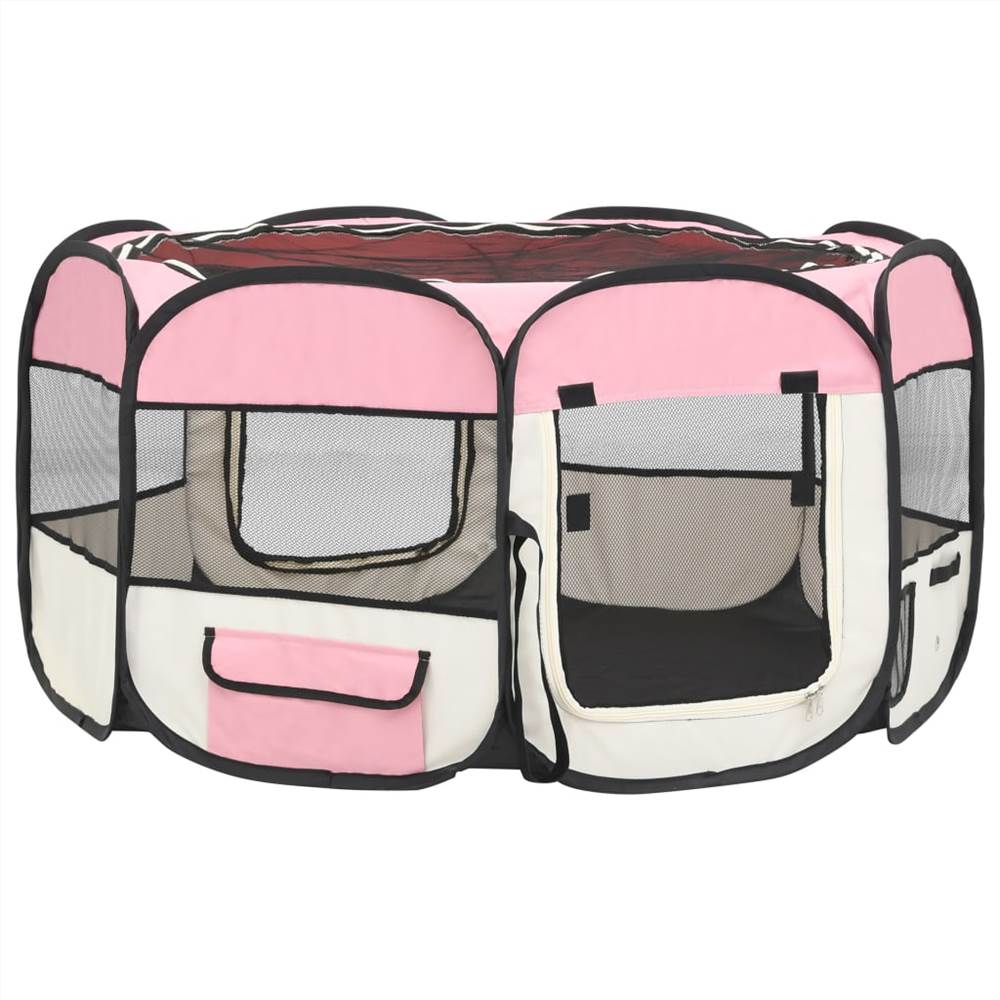 Πτυσσόμενο παρκοκρέβατο σκύλου με ροζ τσάντα μεταφοράς 125X125x61 εκ