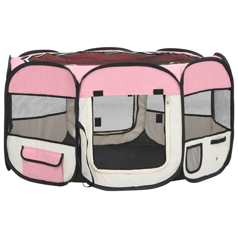 Πτυσσόμενο παρκοκρέβατο σκύλου με ροζ τσάντα μεταφοράς 125X125x61 εκ