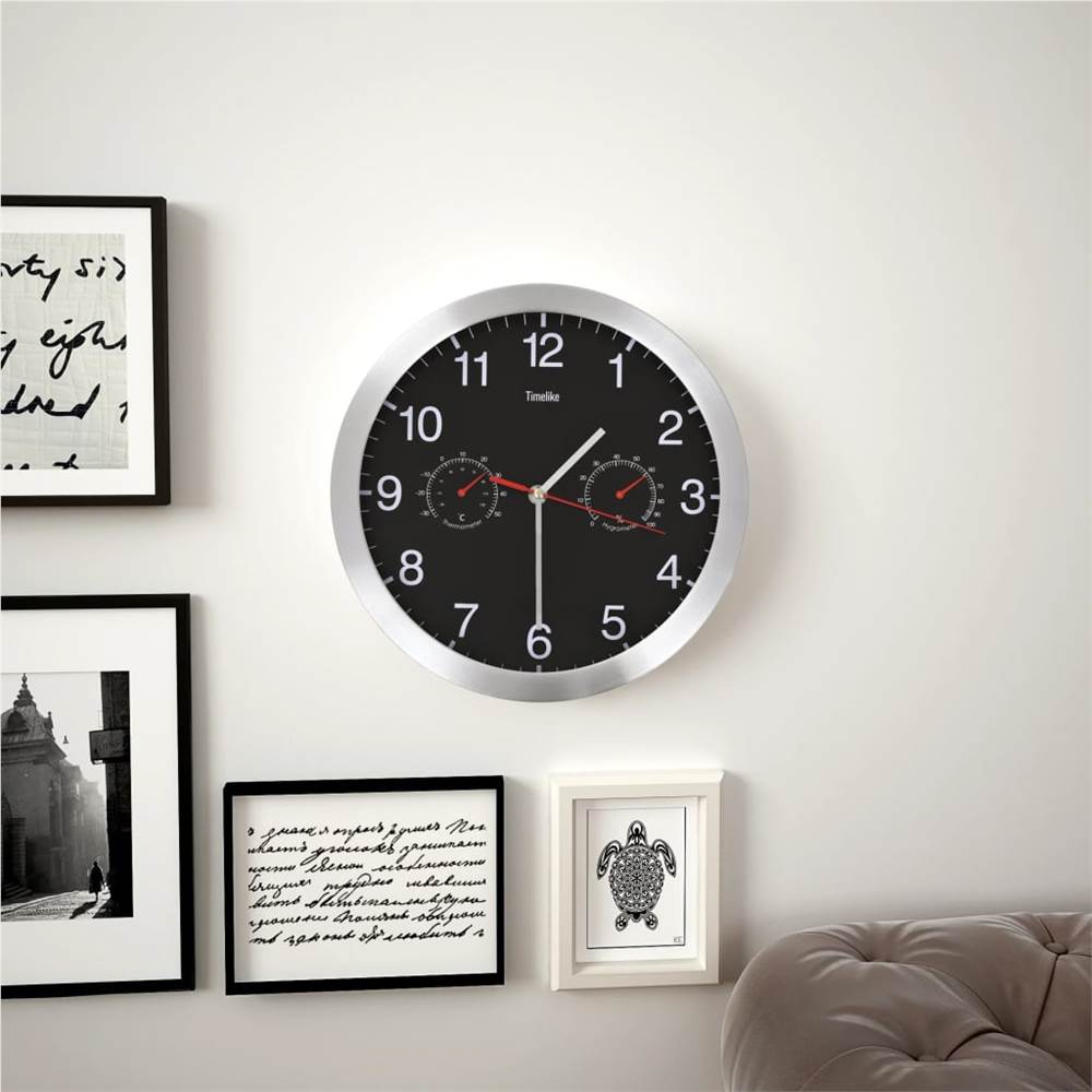 Reloj de pared con movimiento de cuarzo, higrómetro, termómetro, negro